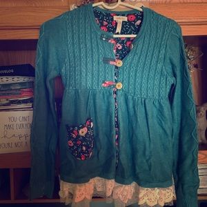 Matilda Jane teal floral cardig sweater lace trim